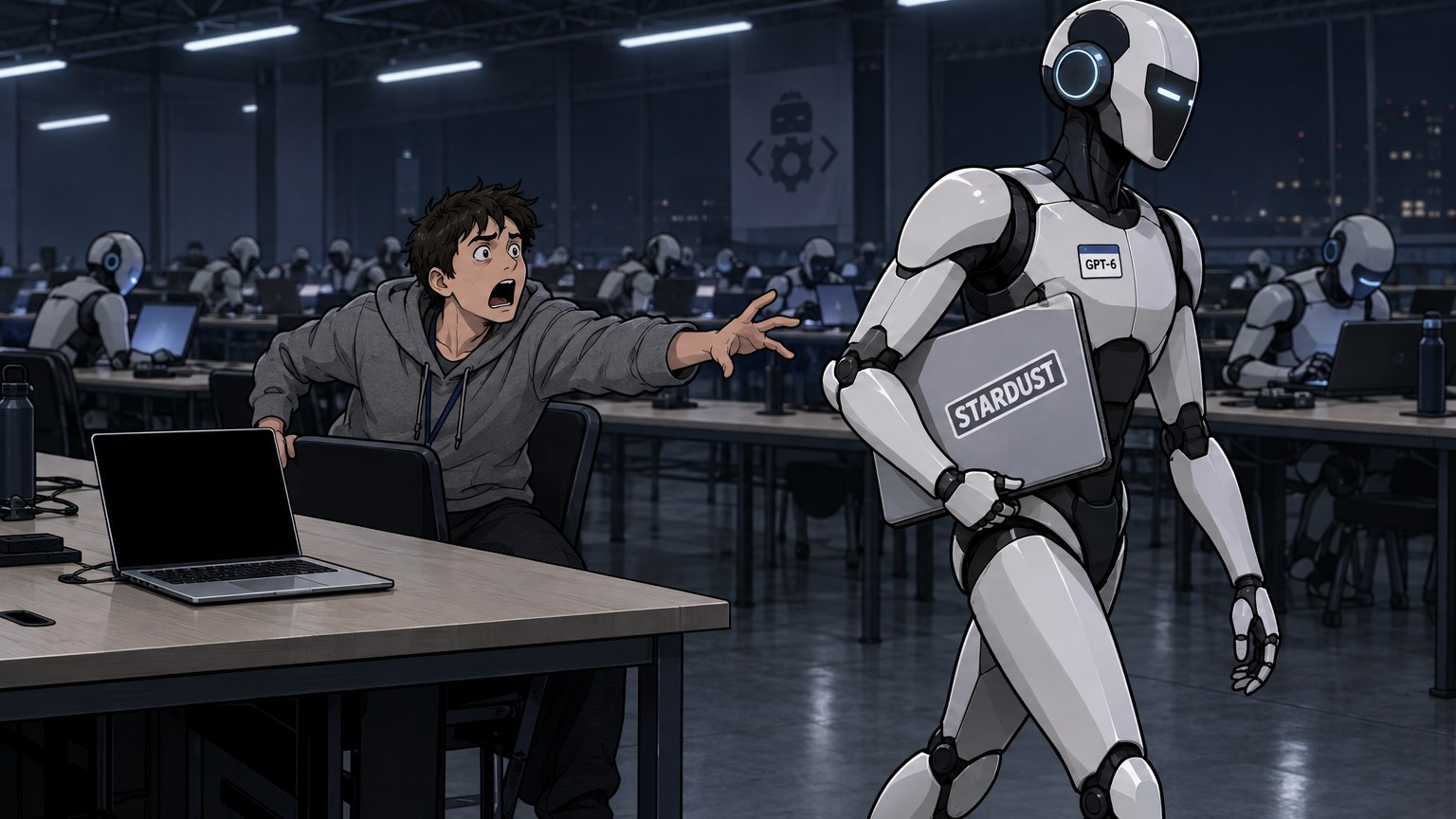 Cartoon contest hall at night: a white robot with a GPT-6 name tag strides away with a human's whole laptop under its arm, a big STARDUST sticker on the lid. The human in a gray hoodie is half out of the chair, arm stretched out, mouth open in disbelief. A laptop with a blank black screen sits abandoned on the desk.