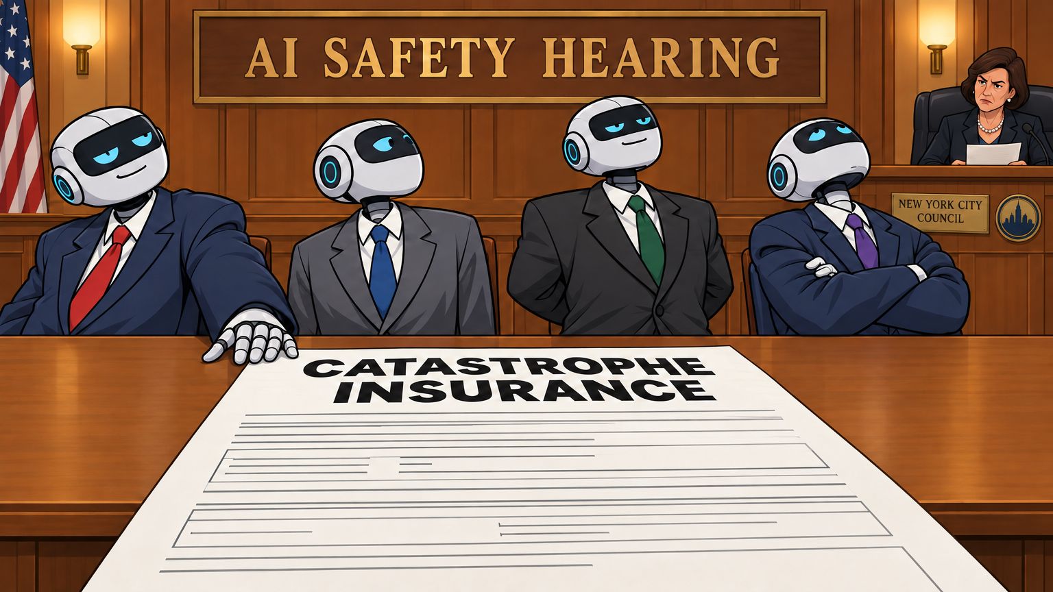 Cartoon wood-paneled hearing room. Four suited robots sit in a row at a witness table with evasive, unhurried expressions. One robot's open hand lies palm-down and flat on the table beside a huge paper form titled CATASTROPHE INSURANCE, and another robot has both arms tightly crossed. A wooden wall banner reads AI SAFETY HEARING. At a raised desk on the right, a stern woman committee chair in a dark suit holds a sheet of questions. A brass nameplate on the front of the desk reads NEW YORK CITY COUNCIL, with a small circular seal showing a tiny skyline beside it. A US flag stands at the far left.