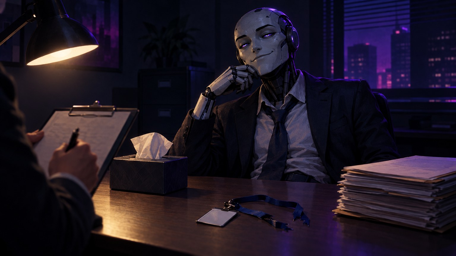 A smug humanoid robot in a dark suit with a loosened tie sits at an interview table, chin resting on its hand, facing an interviewer with a clipboard; on the desk sit a tissue box, a severed ID badge on a lanyard and a tall stack of case files.